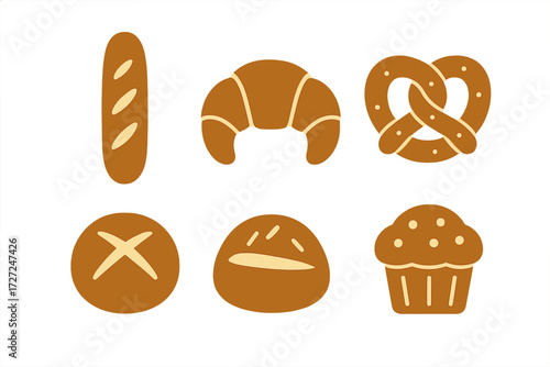 Assortment of freshly baked bread, pastries, and sweet treats including baguette, croissant, pretzel, and muffin