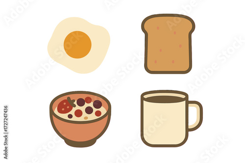 Assortment of classic breakfast foods including egg, toast, cereal, and coffee
