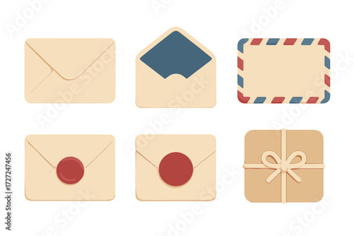 Collection of communication and delivery items including envelopes, wax seal, airmail, and gift box for postal service