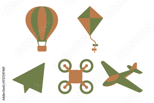 Diverse collection of airborne objects featuring a hot air balloon, kite, paper plane, drone, and aircraft