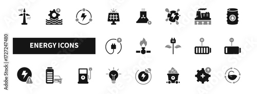 Energy icon set. Containing renewable, solar, wind, battery, fuel, and sustainable power icons icon collection.