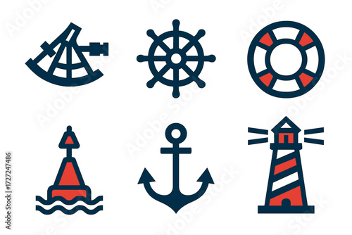 Essential nautical navigation instruments and marine safety equipment symbols for maritime themes
