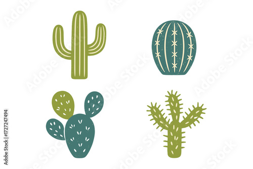 Assortment of stylized desert cacti and succulent plants with unique textured details and vibrant colors