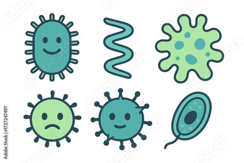 Collection of diverse cartoon microorganisms including bacteria, viruses, and amoeba with various shapes and expressions