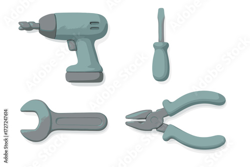 Collection of essential construction and repair tools, including a power drill, screwdriver, adjustable wrench, and pliers, for various tasks