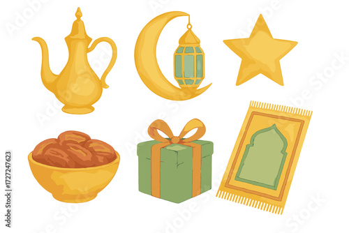 Various traditional Islamic cultural elements and religious symbols for festive occasions and holiday celebrations