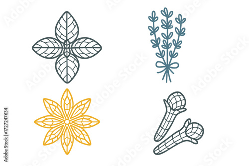 Aromatic culinary herbs and spices collection featuring fresh basil leaves lavender sprigs anise star and dried cloves