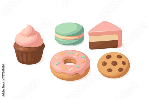 Assortment of colorful sweet desserts and baked goods including cupcake, macaron, cake slice, donut, and cookie