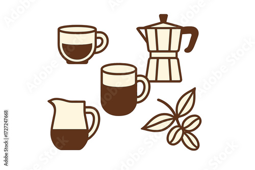 Stylized collection of coffee cups moka pot creamer pitcher and fresh coffee beans for brewing and serving