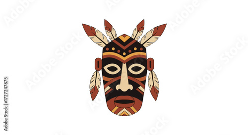 Illustrated tribal mask with feathers, geometric patterns, and earth-tone colors on a white background.