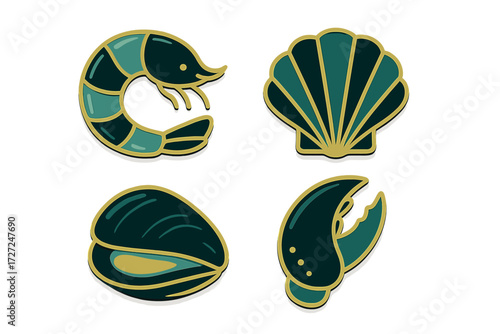 Stylized marine life icons with shrimp, scallop shell, mussel, and crab claw in modern graphic style with teal and gold accents