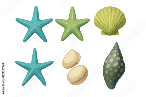 Vibrant colorful starfish and diverse seashells from the ocean floor, marine life elements for summer designs
