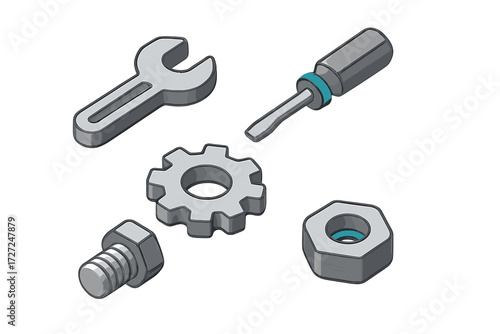 Isometric tools and mechanical parts for repair and construction, including wrench, screwdriver, gear, bolt, and nut