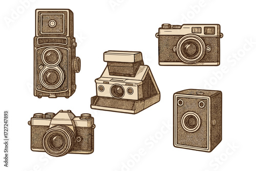 Assortment of classic vintage analog film cameras for retro photography and historical themes, isolated on white background
