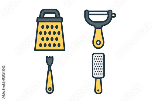 Assortment of various kitchen tools including a box grater, vegetable peeler, and zester for culinary tasks