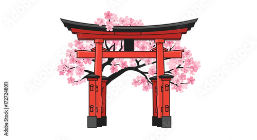 A stylized red torii gate, adorned with cherry blossoms, against a white background.