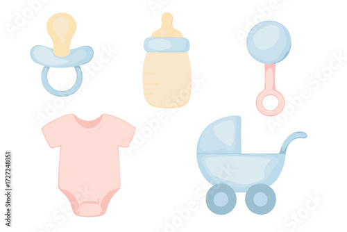 Collection of essential baby items including pacifier, bottle, rattle, onesie, and stroller in soft pastel colors