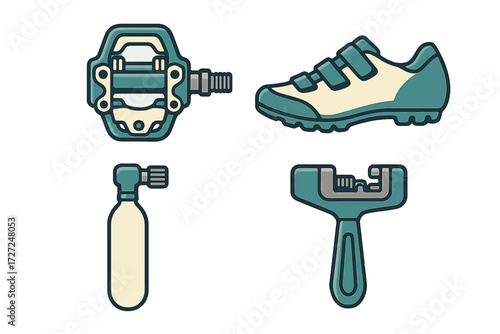 Essential cycling gear and tools set for bicycle maintenance, including pedal, shoe, inflator, and chain tool