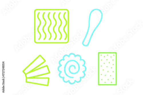 Assortment of stylized Asian food ingredients including noodles, narutomaki, and tofu for various culinary applications