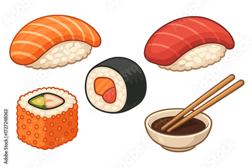Collection of popular Japanese sushi dishes including salmon and tuna nigiri, maki rolls, and dipping sauce