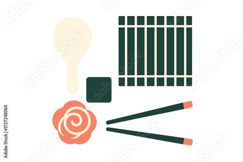 Essential sushi preparation tools including rice paddle, rolling mat, chopsticks, and pickled ginger for Japanese cuisine