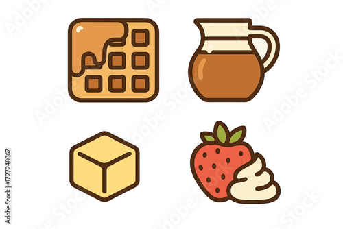 Delicious sweet breakfast and dessert ingredients including golden waffles, rich syrup, creamy butter, and fresh strawberries
