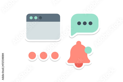 Modern flat design user interface icons for digital communication, web browsing, and notifications, representing various online activities and interactions