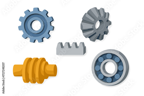 Diverse mechanical engineering components including various gears, a worm shaft, and a precision ball bearing for industrial designs