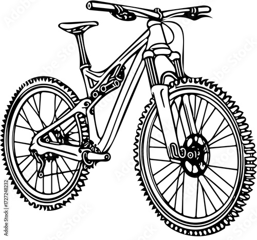 A detailed line drawing of a mountain bike with front and rear suspension, showcasing its frame, wheels, and handlebars.