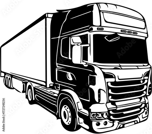 A black and white illustration of a semi-truck with a trailer, viewed from a low angle.