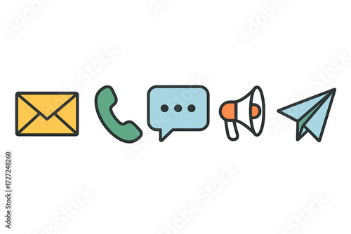 Collection of universal symbols for digital communication, customer support, online interaction, and marketing outreach