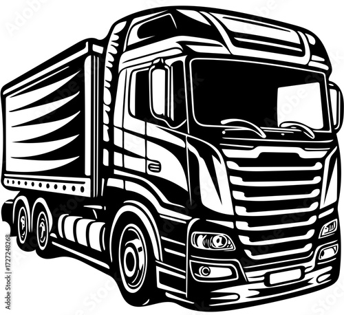 Black and white vector illustration of a semi-truck with a trailer, depicted from a low angle perspective.