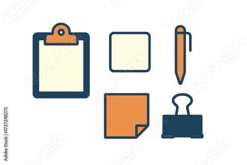 Collection of common office and school supplies including a clipboard, pen, sticky note, and binder clip for various tasks
