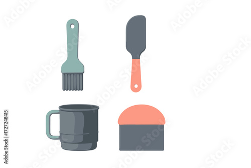 Assortment of essential kitchen baking tools including pastry brush spatula measuring cup and dough scraper