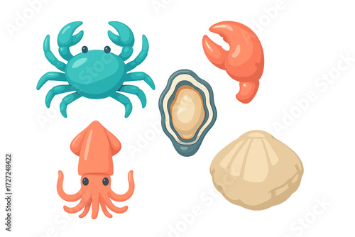 Stylized collection of marine animals and seafood including crab, squid, oyster, scallop, and crab claw
