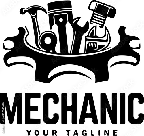 A stylized black and white mechanic logo featuring tools arranged within a gear.