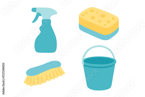 Collection of essential household cleaning tools including spray bottle, scrubbing sponge, utility brush, and water bucket