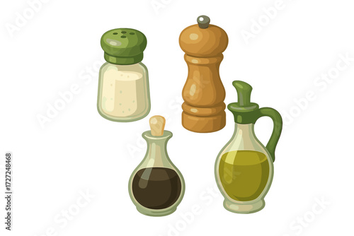 Kitchen condiments set with salt shaker, pepper mill, oil, and vinegar cruets for food preparation and dining table