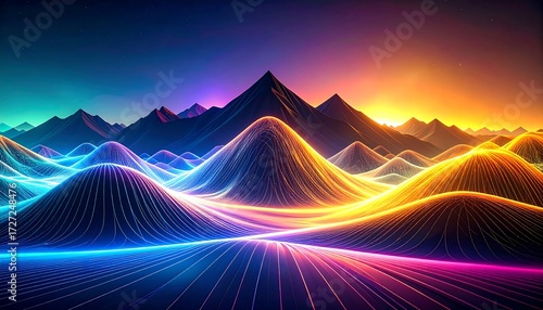 Vibrant, glowing lines form a mountain range, sunrise backdrop
