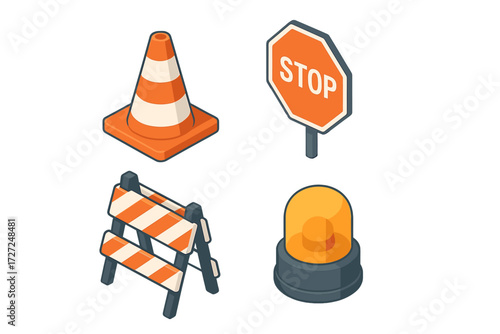 Isometric road construction safety elements including traffic cone, stop sign, barrier, and warning light for urban infrastructure projects
