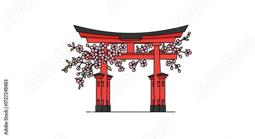 A stylized illustration of a traditional Japanese torii gate adorned with cherry blossoms.