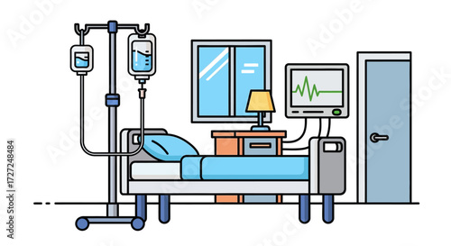 Illustration of a hospital room with an IV drip, bed, monitor, and bedside table near a window and door.