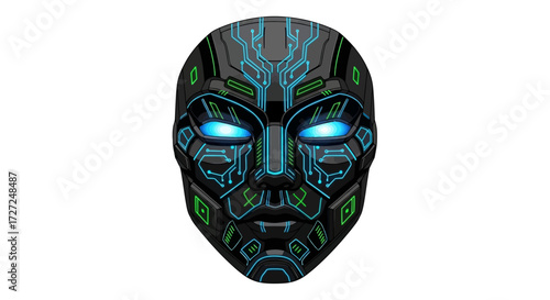 Futuristic mask with glowing blue eyes and circuit board design on a white background.