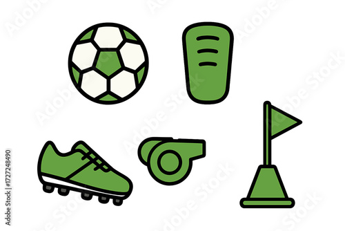 Essential soccer game equipment collection including a ball, cleat, shin guard, whistle, and corner flag