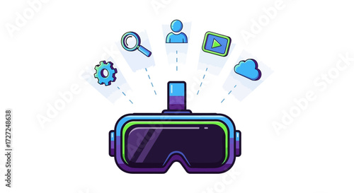 VR headset with various digital elements radiating outward, suggesting immersive virtual experiences.