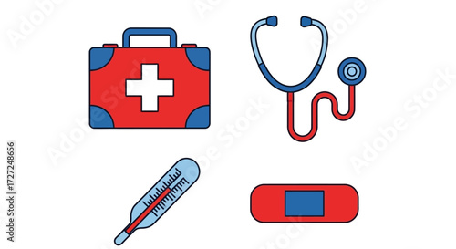 Simple graphic icons of medical supplies, including a first aid kit, stethoscope, thermometer, and band-aid.