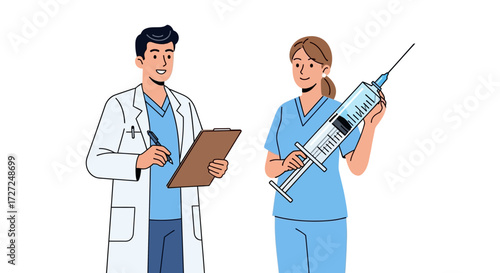 A doctor with a clipboard and a nurse holding an oversized syringe stand together.