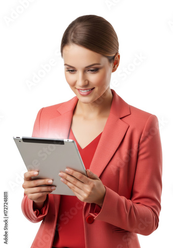 Wallpaper Mural Young business woman holding a tablet and smiling isolated on white or transparent background Torontodigital.ca