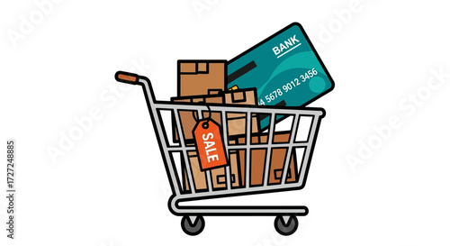 Shopping cart filled with boxes and a credit card, featuring a "SALE" tag.