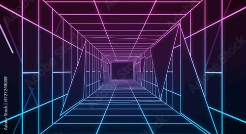 Abstract perspective view of a neon grid tunnel, with blue and pink gradient, receding into the distance.
